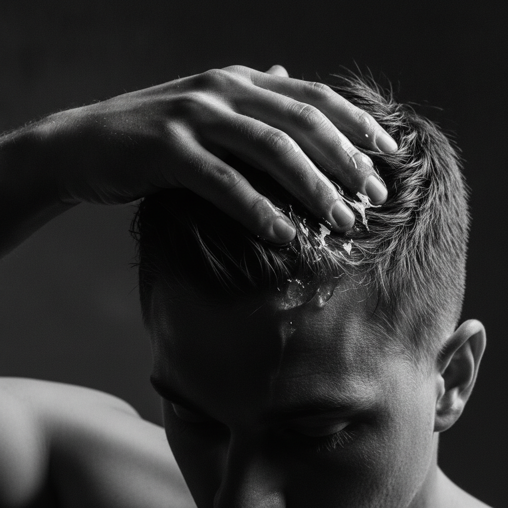 Man's hand applying thick translucent hair styling gel